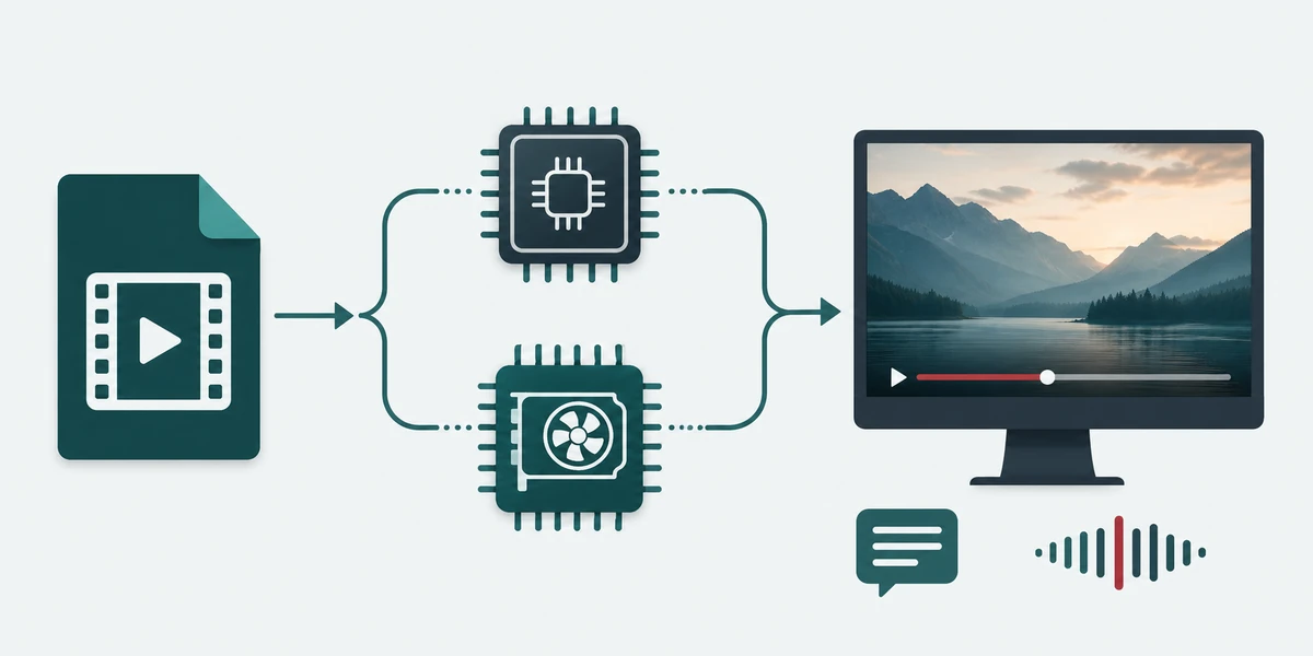 A desktop playback workflow using codec, subtitle, and hardware settings